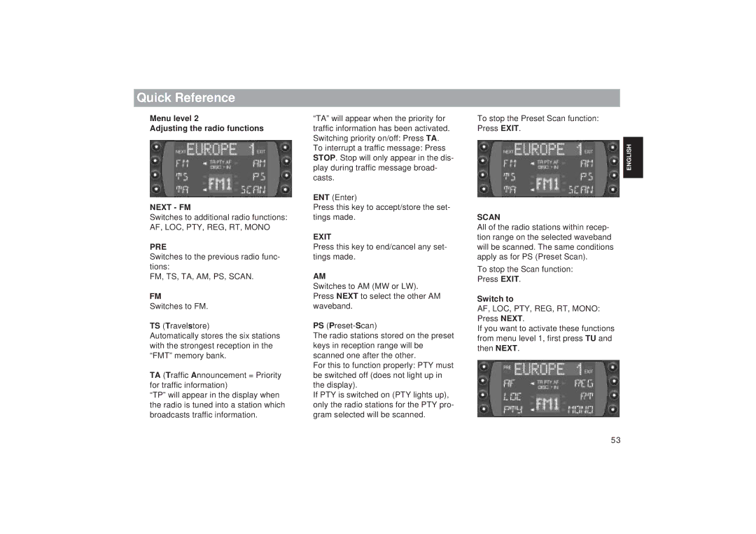 Blaupunkt RDM 169 operating instructions Menu level Adjusting the radio functions, Pre, Exit, Scan, Switch to 