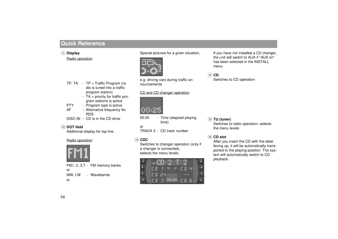 Blaupunkt RDM 169 operating instructions Display, DOT field, = Cdc, ? TU tuner, @ CD slot 