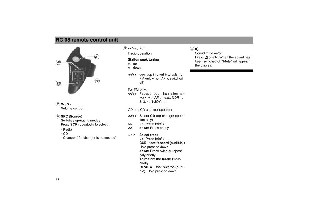 Blaupunkt RDM 169 operating instructions RC 08 remote control unit, SRC Source, Radio operation Station seek tuning up 