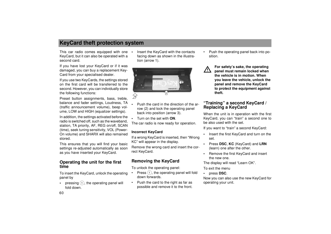 Blaupunkt RDM 169 KeyCard theft protection system, Operating the unit for the first time, Removing the KeyCard 