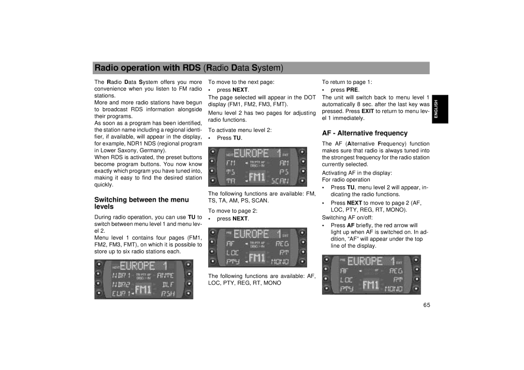 Blaupunkt RDM 169 Radio operation with RDS Radio Data System, Switching between the menu levels, AF Alternative frequency 