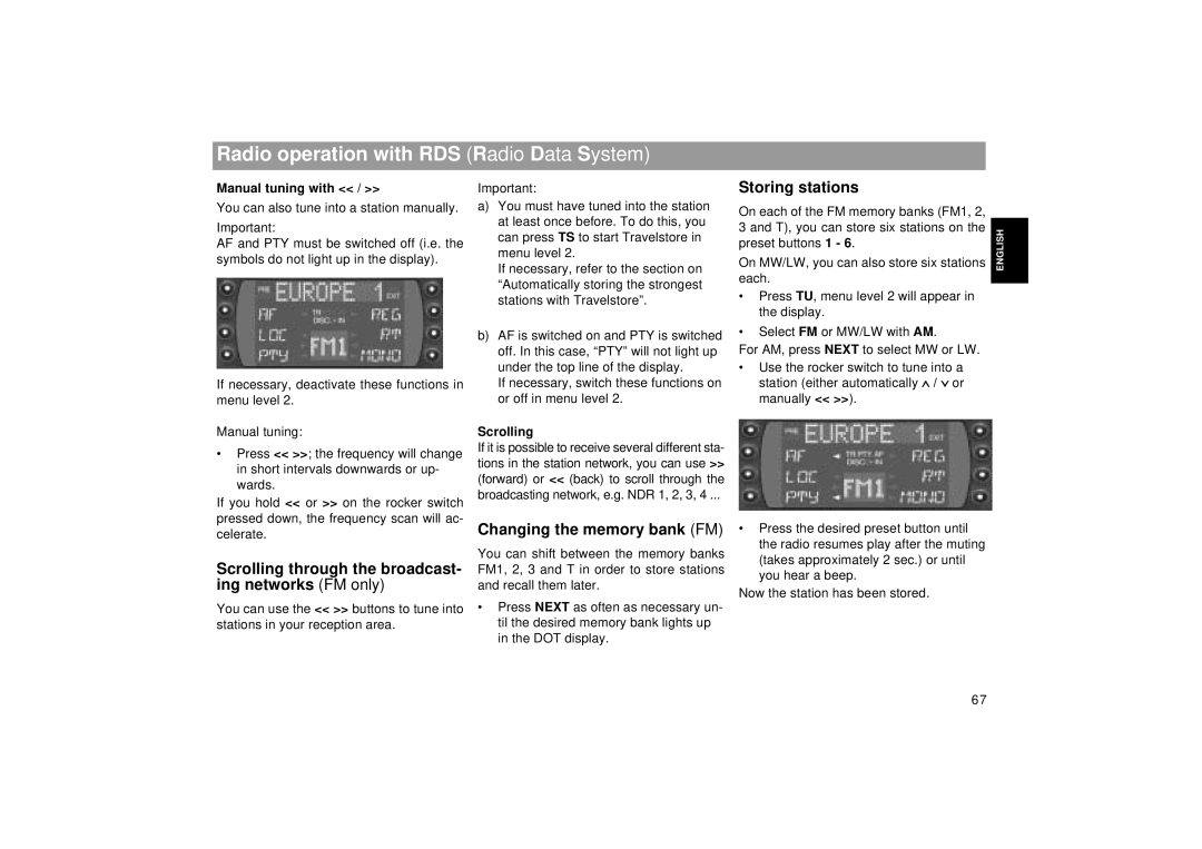 Blaupunkt RDM 169 Scrolling through the broadcast- ing networks FM only, Changing the memory bank FM, Storing stations 