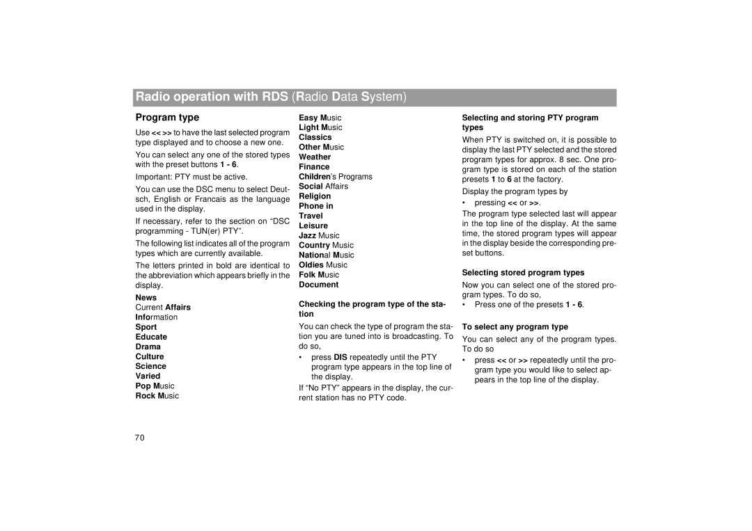 Blaupunkt RDM 169 Program type, News, Selecting and storing PTY program types, Selecting stored program types 