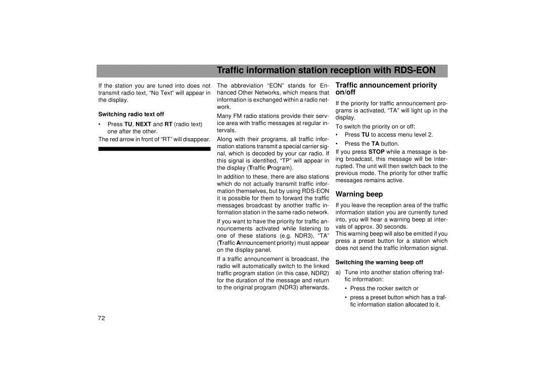 Blaupunkt RDM 169 Traffic information station reception with RDS-EON, Traffic announcement priority, On/off 