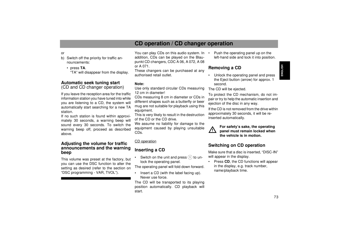 Blaupunkt RDM 169 CD operation / CD changer operation, Automatic seek tuning start, Removing a CD, Inserting a CD 