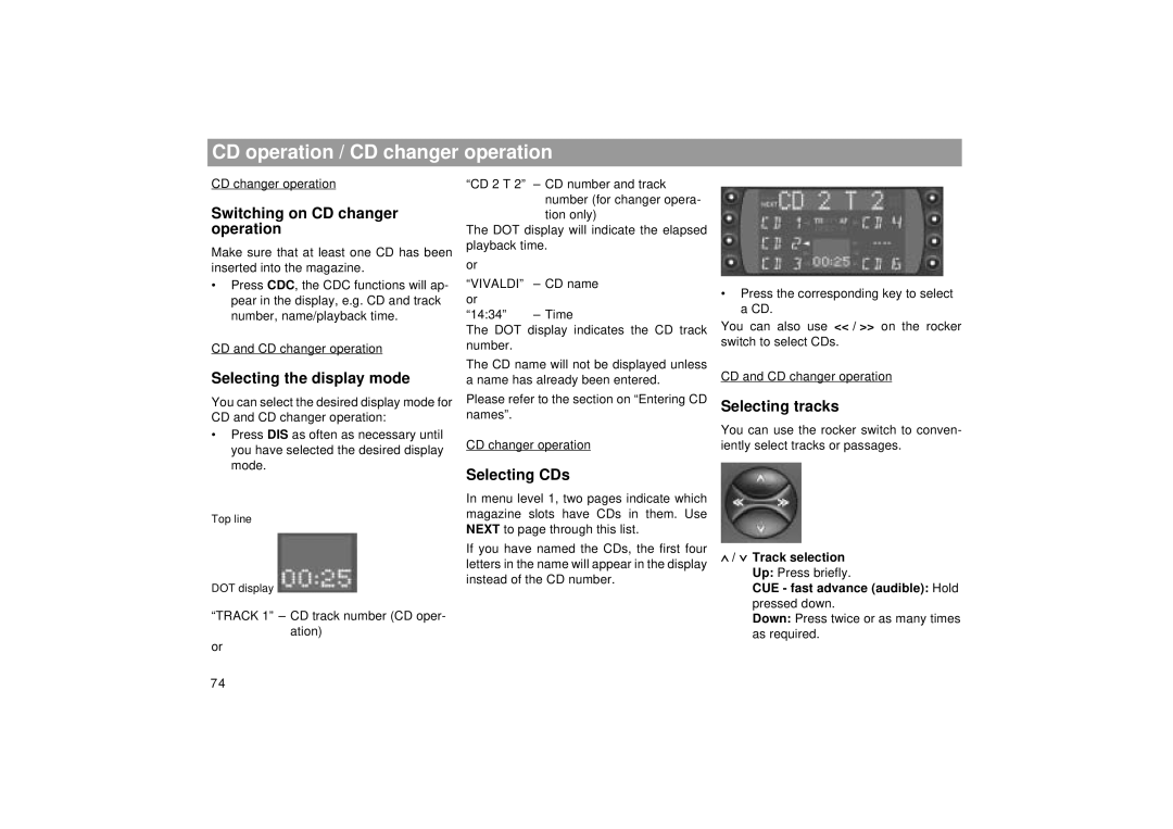 Blaupunkt RDM 169 CD operation / CD changer operation, Switching on CD changer operation, Selecting the display mode 