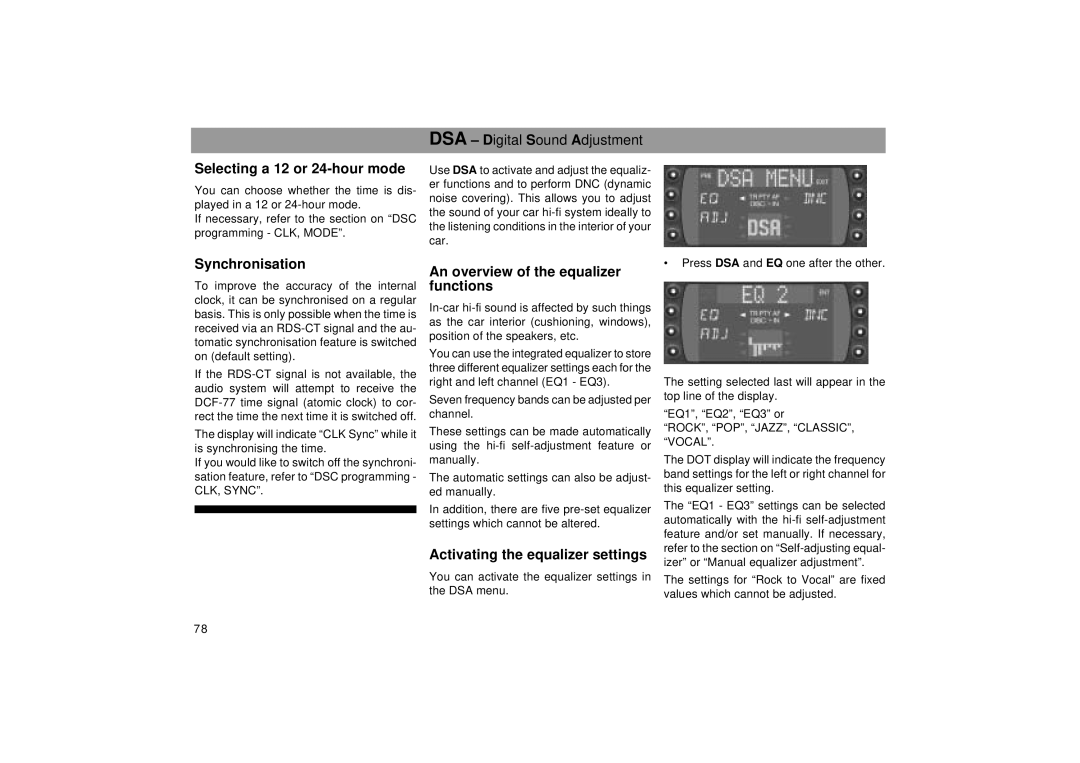 Blaupunkt RDM 169 Selecting a 12 or 24-hour mode, Synchronisation, An overview of the equalizer functions 