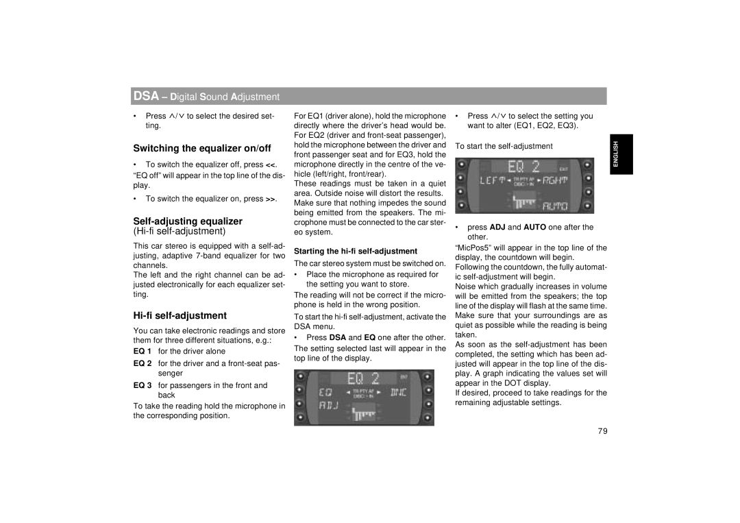 Blaupunkt RDM 169 operating instructions Switching the equalizer on/off, Self-adjusting equalizer, Hi-fi self-adjustment 