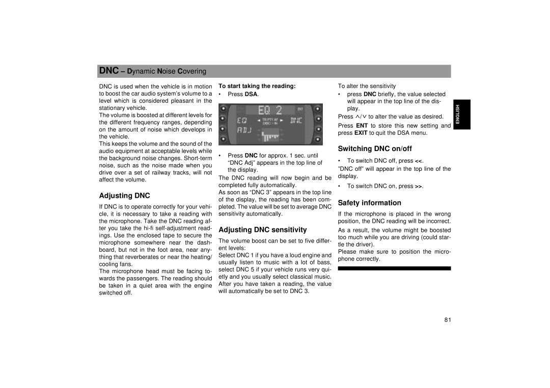 Blaupunkt RDM 169 Adjusting DNC sensitivity, Switching DNC on/off, Safety information, To start taking the reading 