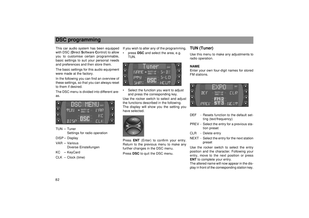 Blaupunkt RDM 169 operating instructions DSC programming, TUN Tuner 