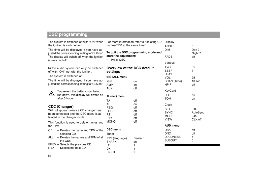 Blaupunkt RDM 169 operating instructions Overview of the DSC default settings, CDC Changer 