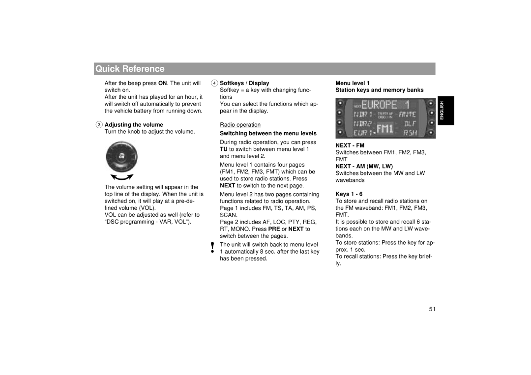 Blaupunkt RDM 169 operating instructions Quick Reference, Next FM, Next AM MW, LW 