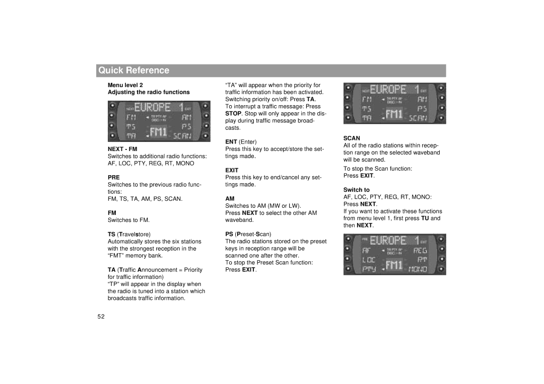 Blaupunkt RDM 169 operating instructions Menu level Adjusting the radio functions, Pre, Exit, Scan, Switch to 