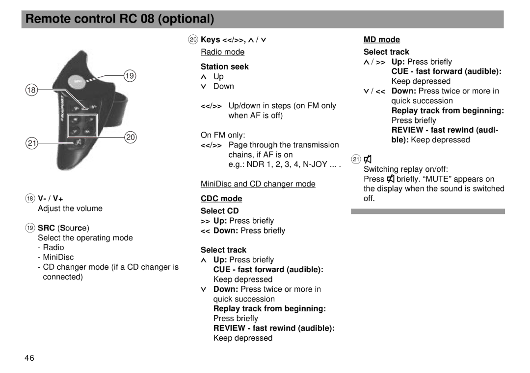 Blaupunkt RMD 169 manual Remote control RC 08 optional 