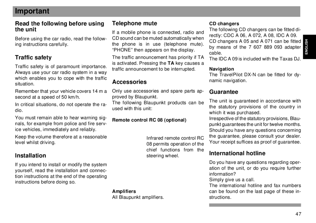 Blaupunkt RMD 169 manual Read the following before using Telephone mute Unit, Traffic safety, Accessories, Guarantee 