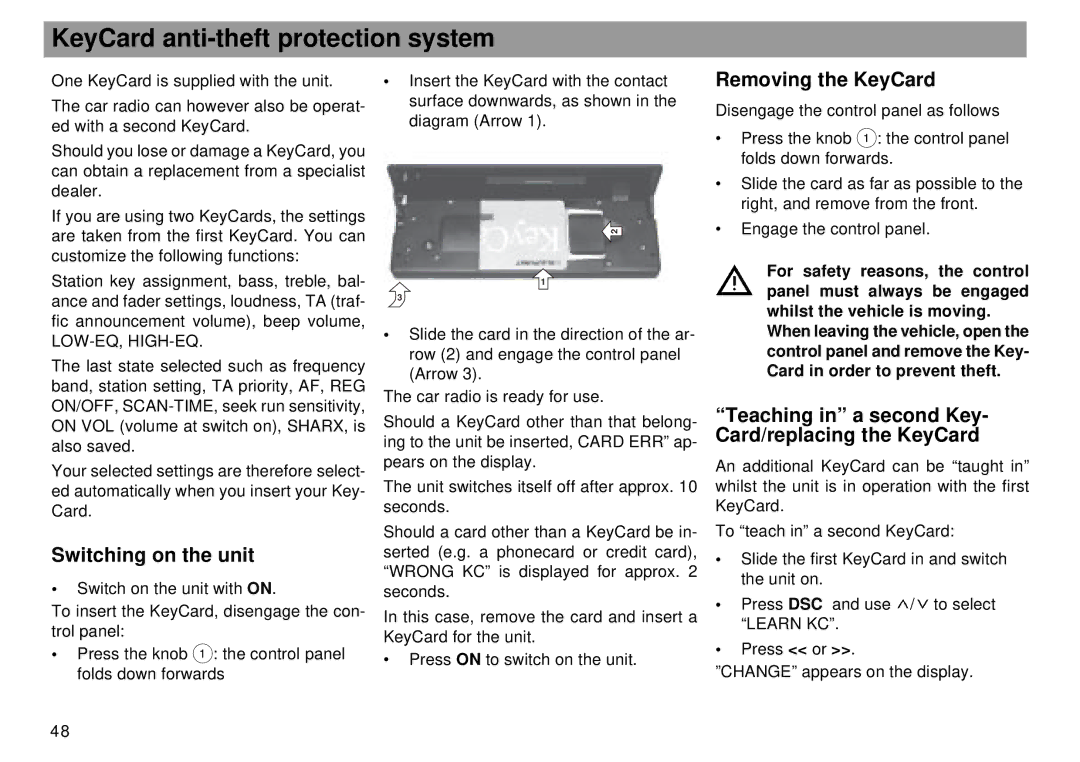 Blaupunkt RMD 169 manual KeyCard anti-theft protection system, Removing the KeyCard, Switching on the unit 