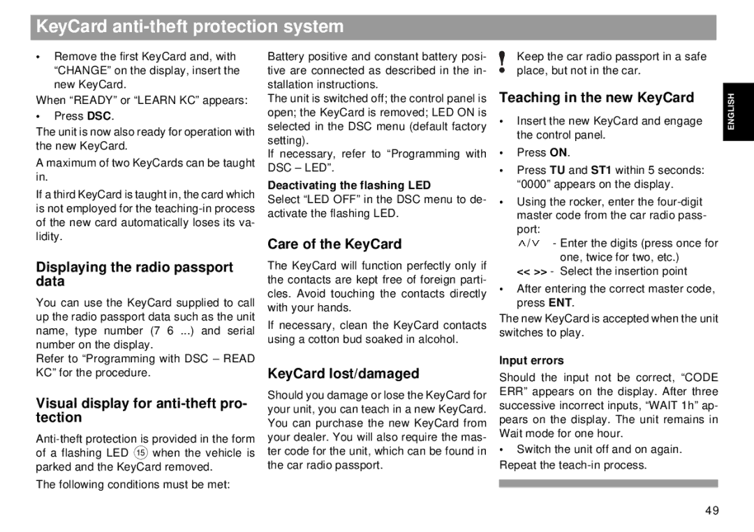 Blaupunkt RMD 169 manual KeyCard anti-theft protection system 