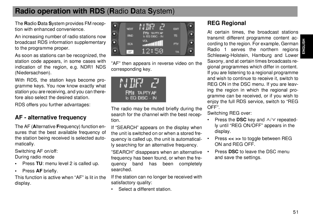 Blaupunkt RMD 169 manual Radio operation with RDS Radio Data System, AF alternative frequency, REG Regional 