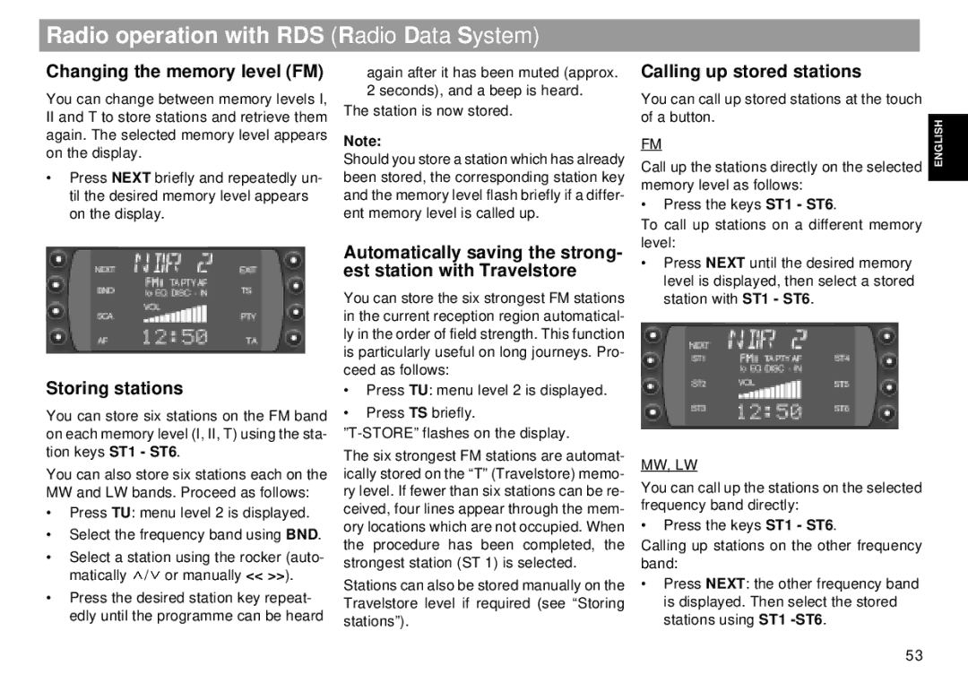 Blaupunkt RMD 169 manual Changing the memory level FM, Storing stations, Calling up stored stations 