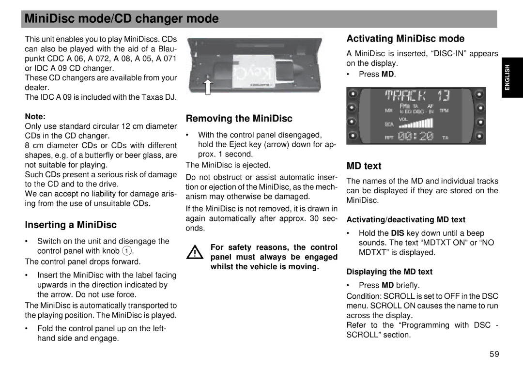 Blaupunkt RMD 169 manual Inserting a MiniDisc, Removing the MiniDisc, Activating MiniDisc mode, MD text 