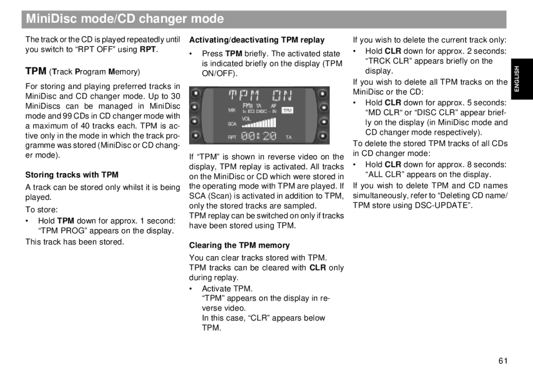 Blaupunkt RMD 169 manual Storing tracks with TPM, Activating/deactivating TPM replay, Clearing the TPM memory 