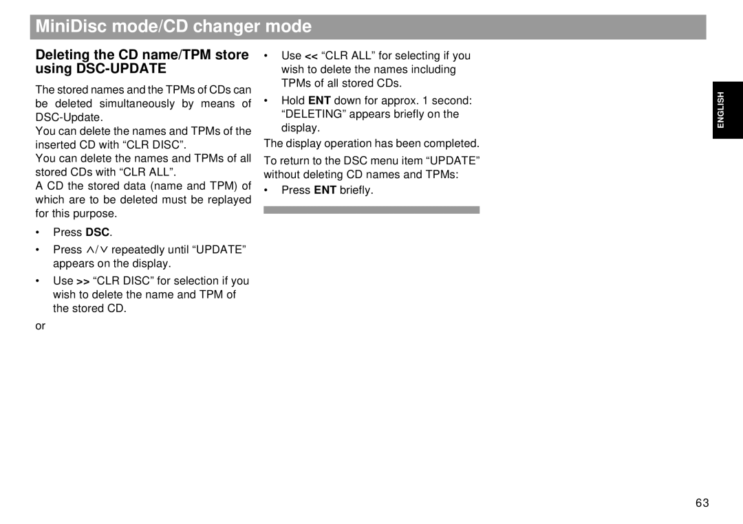 Blaupunkt RMD 169 manual Deleting the CD name/TPM store, Using DSC-UPDATE 