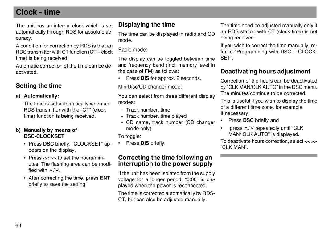 Blaupunkt RMD 169 manual Clock time, Setting the time, Displaying the time, Deactivating hours adjustment, Dsc-Clockset 