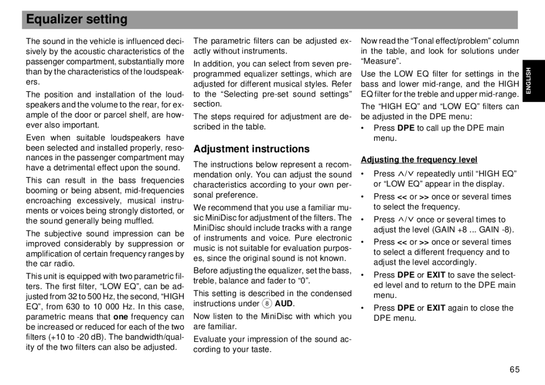 Blaupunkt RMD 169 manual Equalizer setting, Adjustment instructions, Adjusting the frequency level 