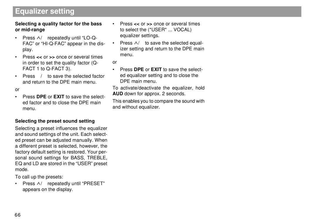 Blaupunkt RMD 169 manual Equalizer setting, Selecting a quality factor for the bass, Or mid-range 