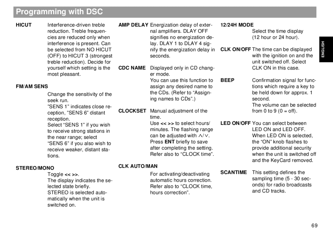 Blaupunkt RMD 169 manual Programming with DSC, FM/AM Sens, Stereo/Mono, Clk Auto/Man, 12/24H Mode 