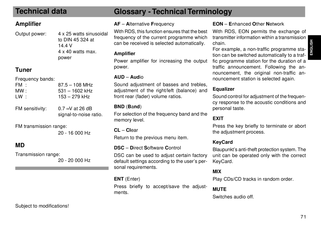 Blaupunkt RMD 169 manual Technical data Glossary Technical Terminology, Amplifier, Tuner, Mute 