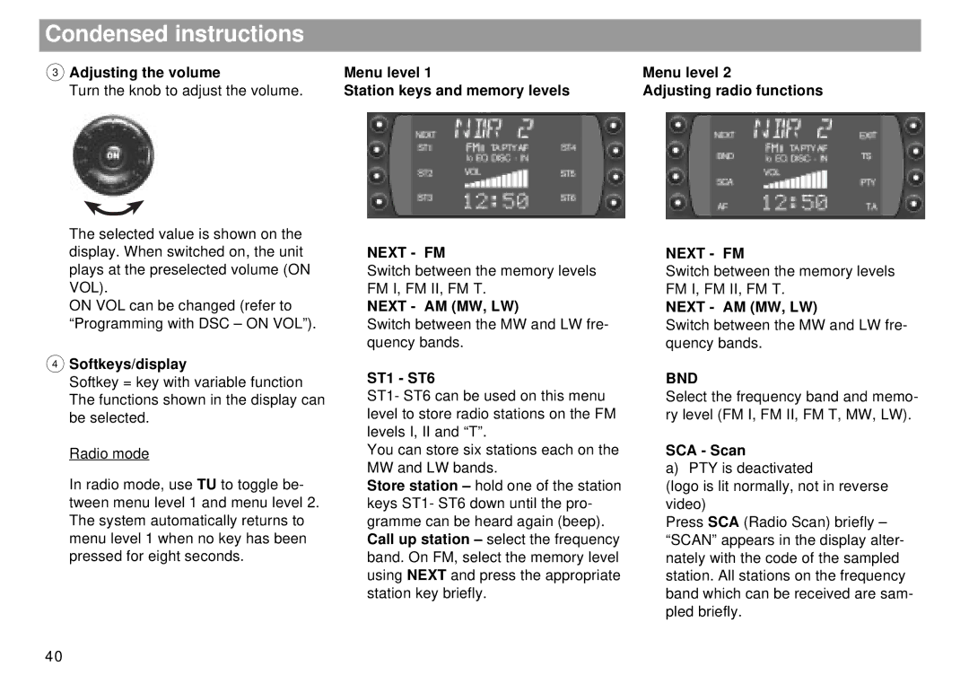 Blaupunkt RMD 169 manual Condensed instructions, Next FM, Next AM MW, LW, Bnd 