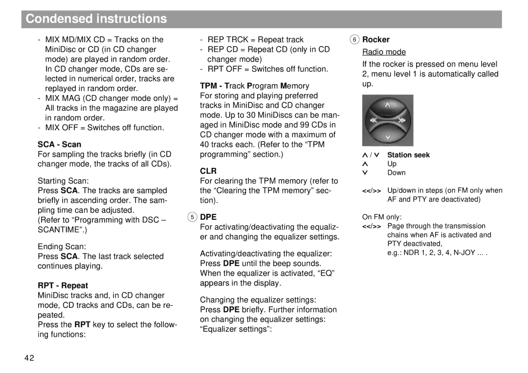 Blaupunkt RMD 169 manual RPT Repeat, Clr, Dpe, Rocker Radio mode 