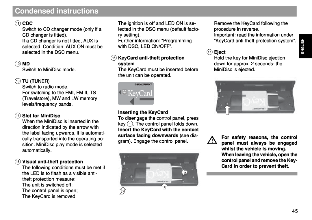 Blaupunkt RMD 169 manual KeyCard, Condensed instructions 