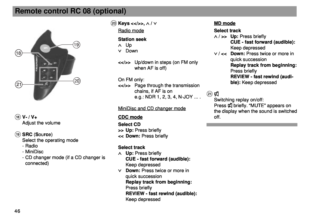 Blaupunkt RMD 169 manual Remote control RC 08 optional, 19 18 