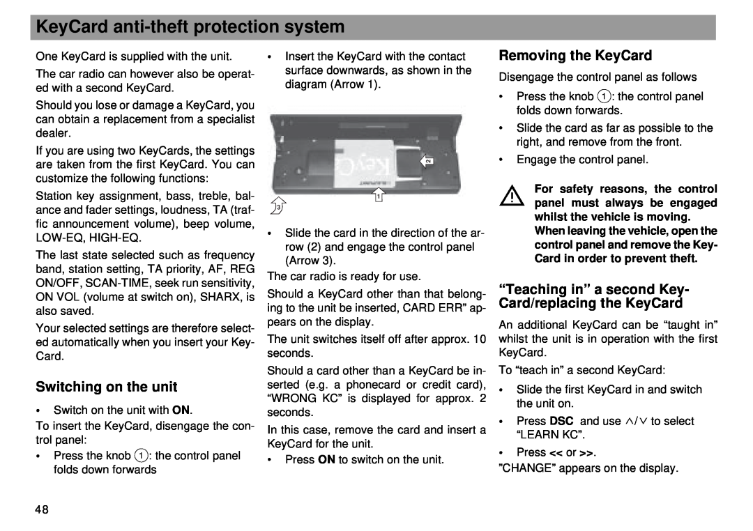 Blaupunkt RMD 169 manual KeyCard anti-theftprotection system, Removing the KeyCard, Switching on the unit 