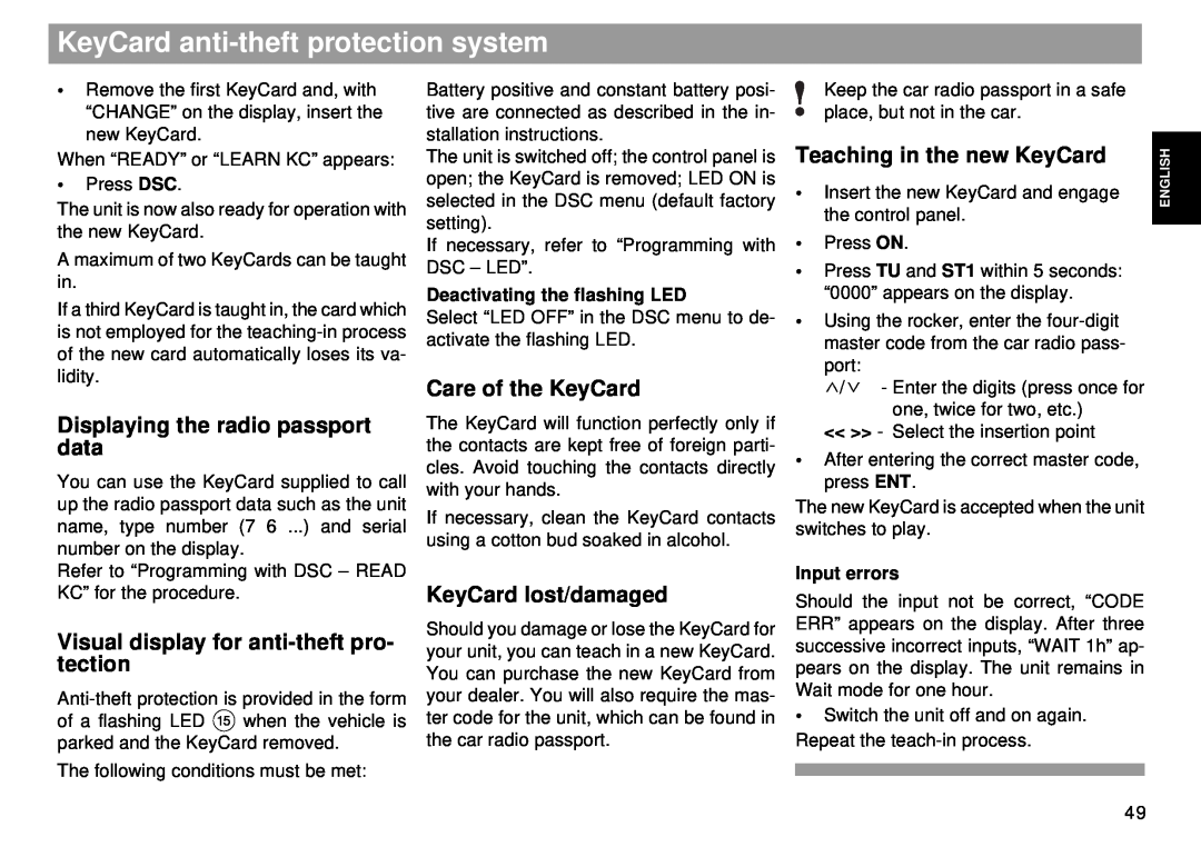 Blaupunkt RMD 169 manual KeyCard anti-theftprotection system, Teaching in the new KeyCard, Care of the KeyCard, data 