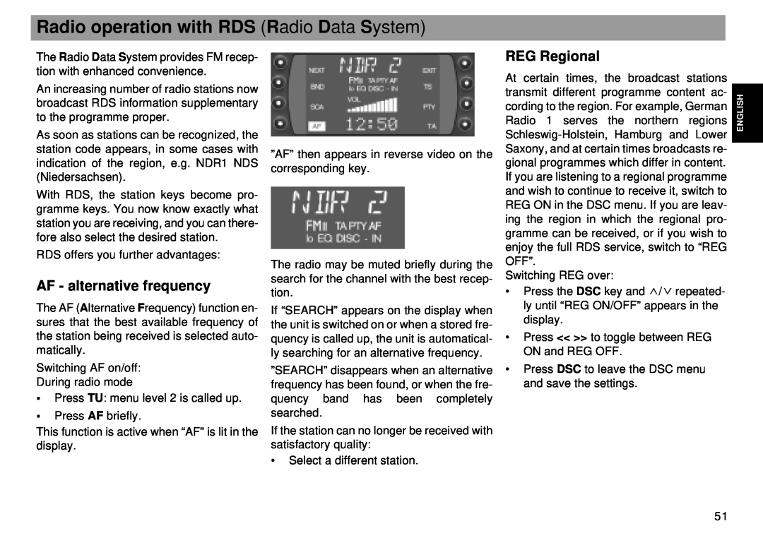 Blaupunkt RMD 169 manual Radio operation with RDS Radio Data System, AF - alternative frequency, REG Regional 
