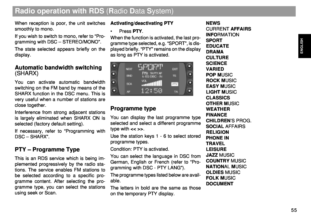 Blaupunkt RMD 169 manual Radio operation with RDS Radio Data System, Activating/deactivating PTY 