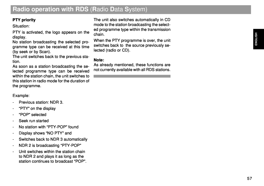Blaupunkt RMD 169 manual Radio operation with RDS Radio Data System, PTY priority 