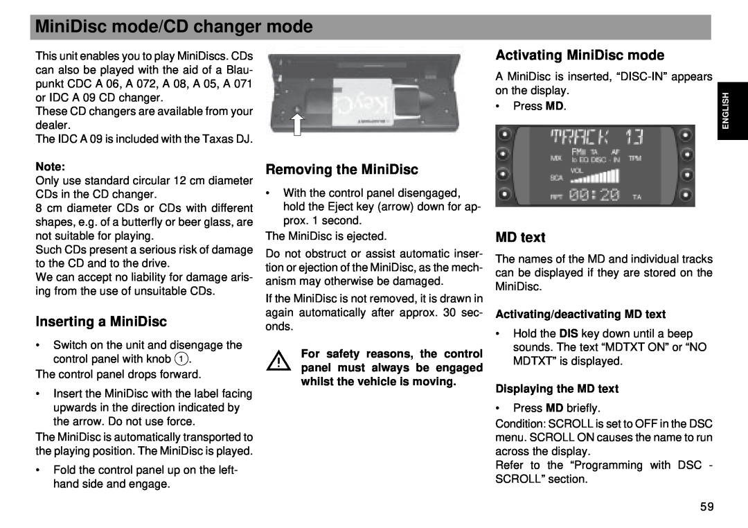 Blaupunkt RMD 169 manual Inserting a MiniDisc, Removing the MiniDisc, Activating MiniDisc mode, Displaying the MD text 