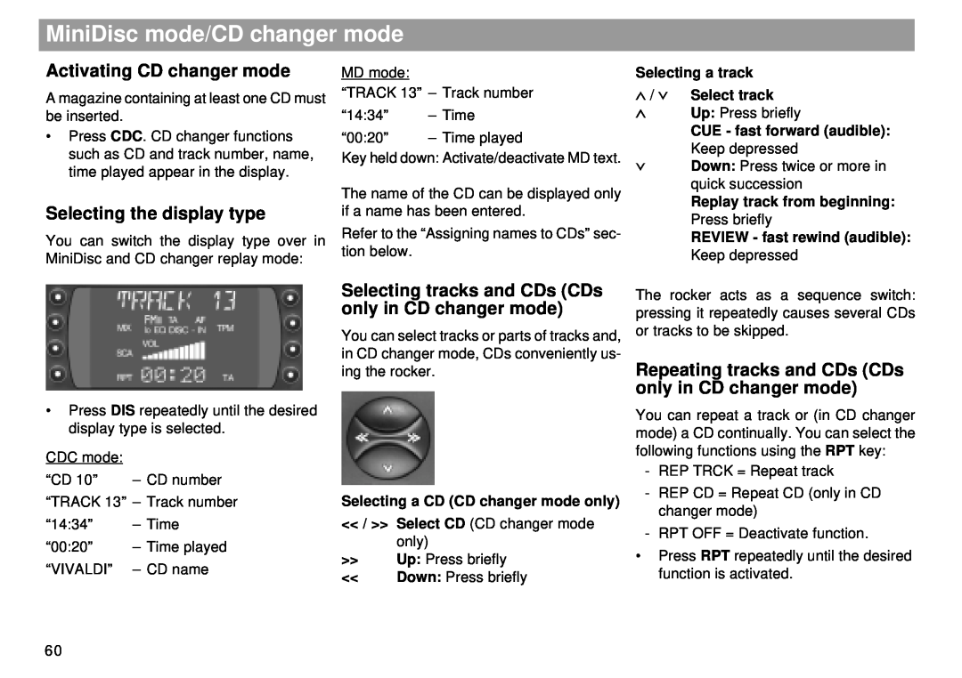 Blaupunkt RMD 169 manual MiniDisc mode/CD changer mode, Activating CD changer mode, Selecting the display type 