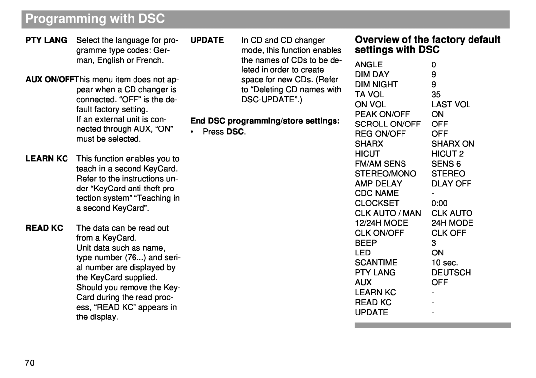 Blaupunkt RMD 169 manual Overview of the factory default settings with DSC, Programming with DSC 