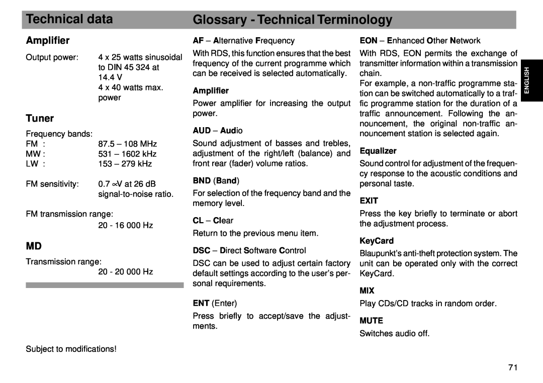 Blaupunkt RMD 169 manual Technical data, Glossary - Technical Terminology, Amplifier, Tuner 