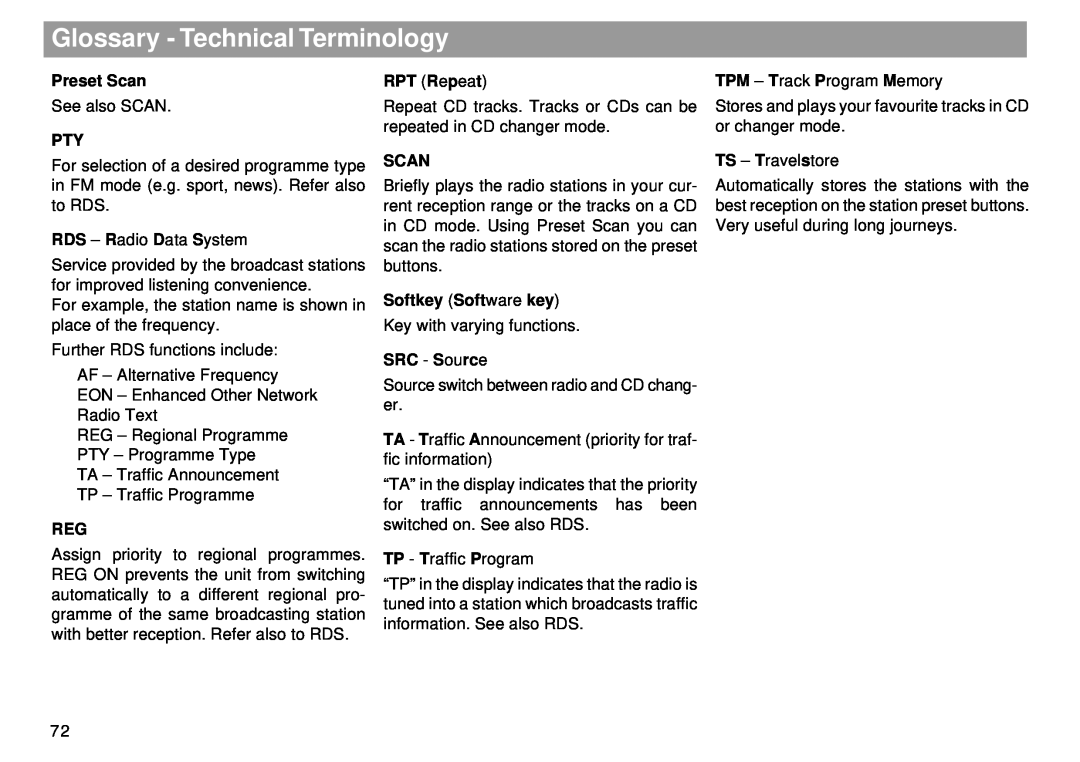 Blaupunkt RMD 169 manual Glossary - Technical Terminology, Preset Scan, RPT Repeat, Softkey Software key, SRC - Source 