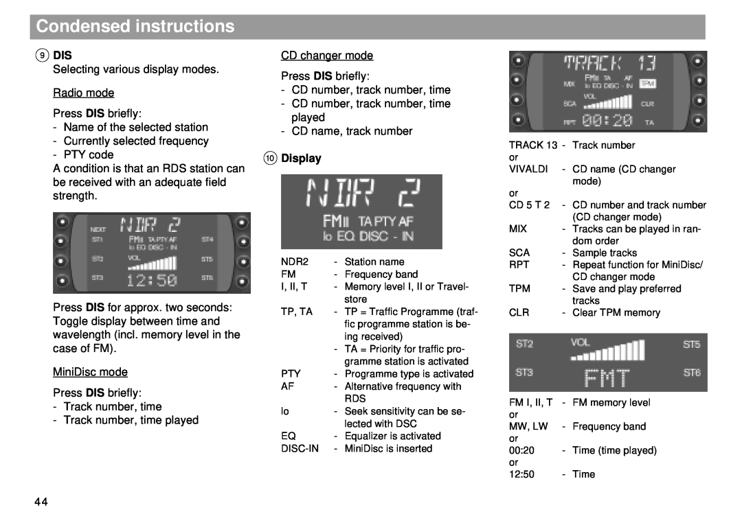 Blaupunkt RMD 169 manual Condensed instructions, 9DIS, Display 