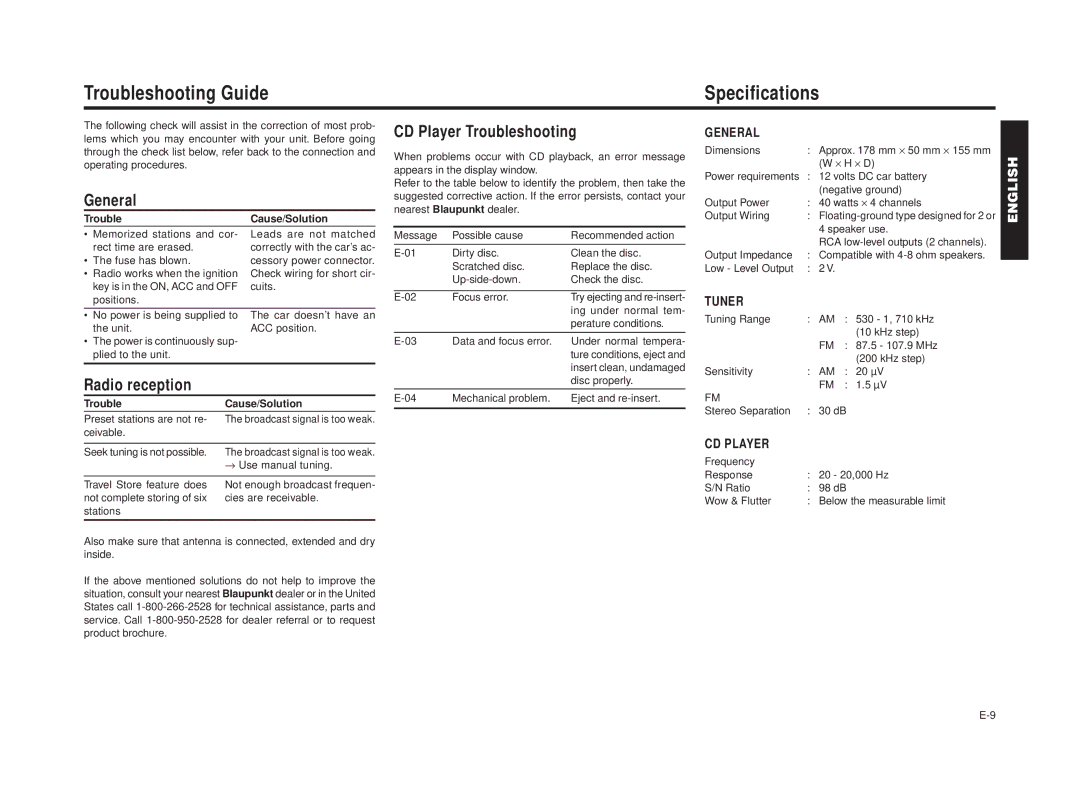 Blaupunkt RPD 540 manual Troubleshooting Guide Specifications, General, CD Player Troubleshooting, Radio reception 