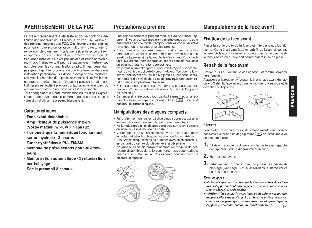 Blaupunkt RPD 540 manual Précautions à prendre Manipulations de la face avant, Caractéristiques Face avant détachable 