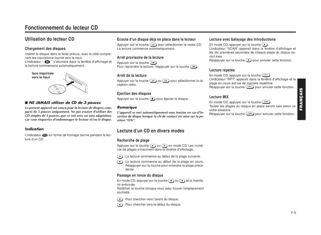 Blaupunkt RPD 540 manual Fonctionnement du lecteur CD, Utilisation du lecteur CD, Lecture d’un CD en divers modes 