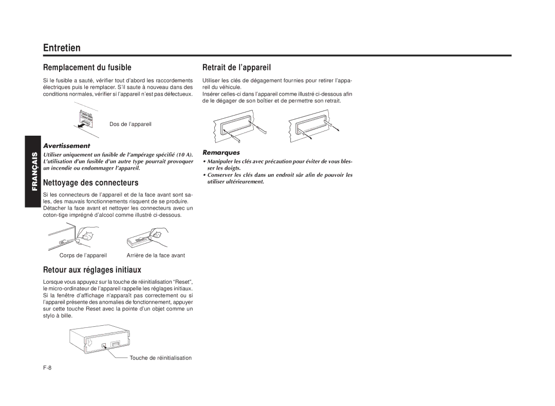 Blaupunkt RPD 540 manual Entretien, Remplacement du fusible, Retrait de l’appareil, Nettoyage des connecteurs 